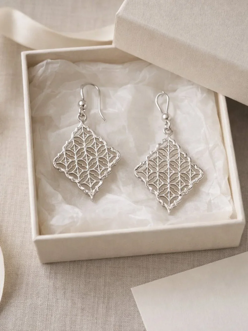 Sterling Silver “Ornate Filigree Diamond Drops” Earrings Boho - Picture 3 of 4